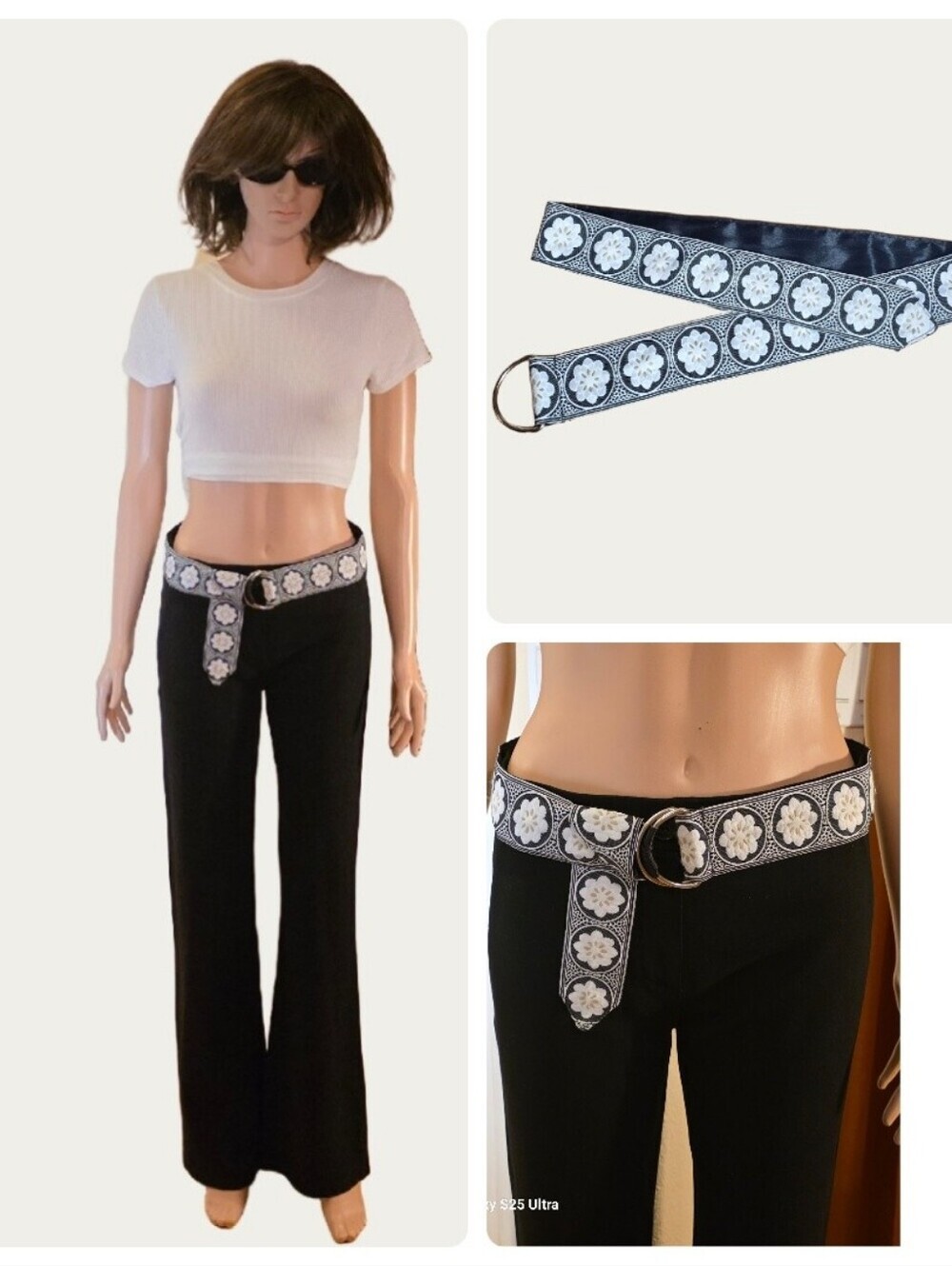 Woven Floral Accent Belt in Black and White